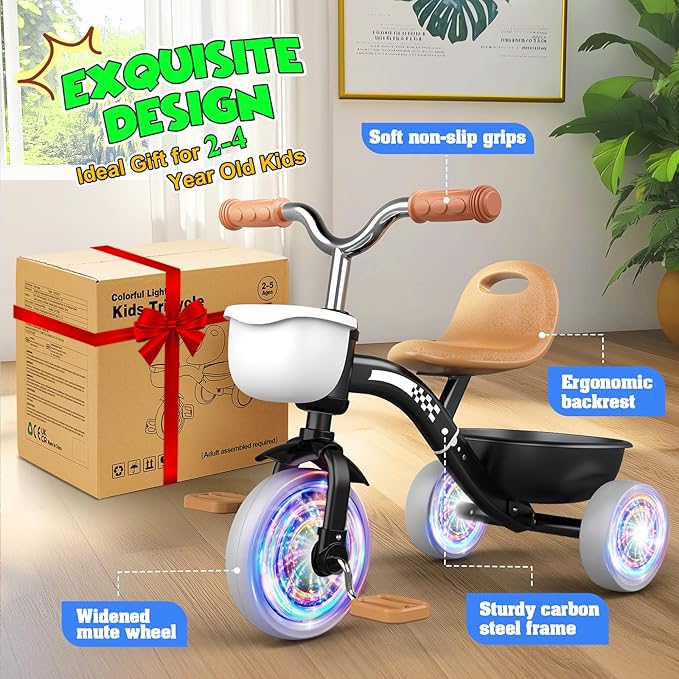 Toddler Tricycle for 1-3 3-4 Year Olds, Toddler Toys Baby Bike, Toys for Ages 2-4, 3-Level Adjustable Seat, 3 Colorful Lighting Wheels, 2 3 4 Year Old Boy Birthday Gifts