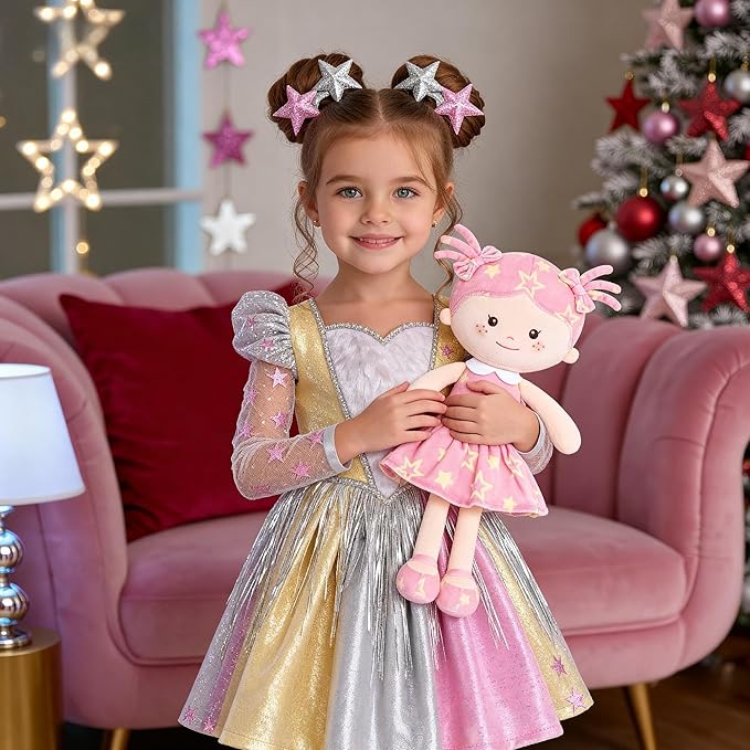 Onetoo First Baby Doll Plush Baby Girls Dolls Rag Doll Soft Baby Doll for Girls Sleeping Cuddle Buddy Doll Wear Star Pink Sleeveless Dress 14"