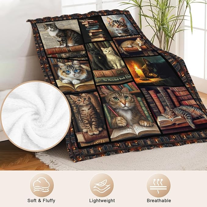 Book Lovers Throw Blanket Gift for Readers Soft Cat Lover Flannel Blanket Lightweight Cozy Blankets Gift for Women and Men Couch Sofa Bed 50" x 40"