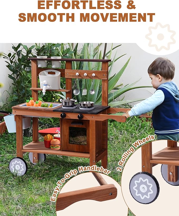 ROBUD Mud Kitchen for Kids Outdoor with Wheels, Wooden Outdoor Play Kitchen, Kids Mud Kitchen with Removable Sink & Faucet, Monteeori Toys for Children Ages 3+ Years, WG403
