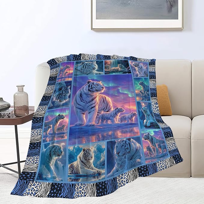 White Tiger Throw Blanket White Tiger Stuff Gifts for Kids Girls Boys Adults Women Men Soft Cozy Warm Plush Fluffy Fuzzy Fleece Blanket Decor 60''X80''