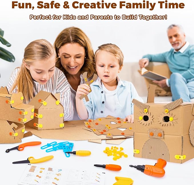 Cardboard Construction Kit - 401 PCS Kids Building Set with Safe Serrated Cutter, Crease Roller, Screws & Nuts, STEM Upcycled Tool for DIY Cardboard Projects, Engineering & Creativity
