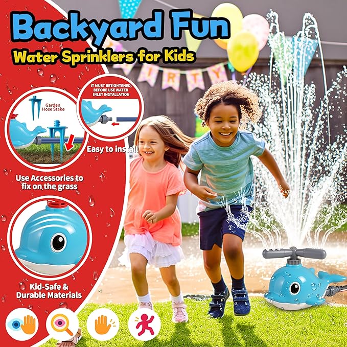 2 in 1 Water Sprinkler Baseball Toy Set for Kids – Whale Shaped Outdoor T-Ball Game & Spinning Splash Toy, Summer Backyard Water Play for Toddlers and Children Ages 3+