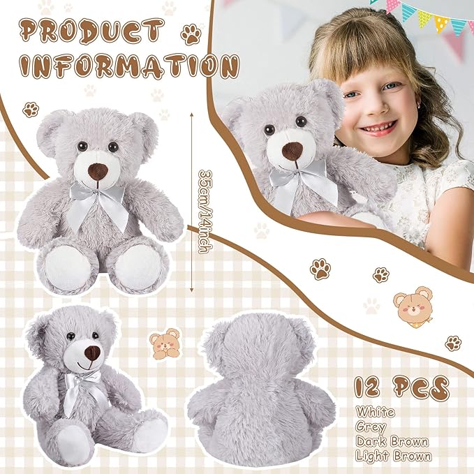 Zhanmai 12 Pcs 14 Inch Bear Stuffed Animal Bulk Operation 2025 Graduation Gifts Bulk Plush Stuffed Bear for Bridal Anniversary Shower Gifts(Light Brown, Dark Brown, White, Grey)