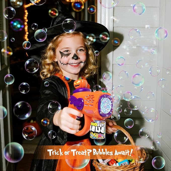 Halloween Bubble Gun Toys for Kids - 2 Light-Up Ghost & Pumpkin Bubble Machine with 10 Refill Packs - Fun Party Favors Trick or Treat Toy Boo Basket Stuffers for Kids Boys Girls