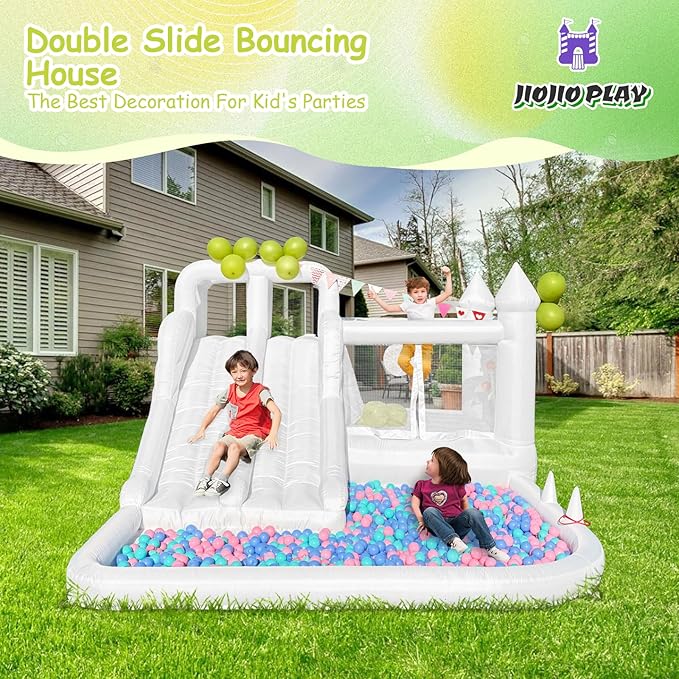 12.5 FT Oxford White Bounce House Bouncing Castle with Two Slides Inflatable Bounce House for Kids with Large Ball Pits Suitable Birthday Party Holiday Decorations and Photography
