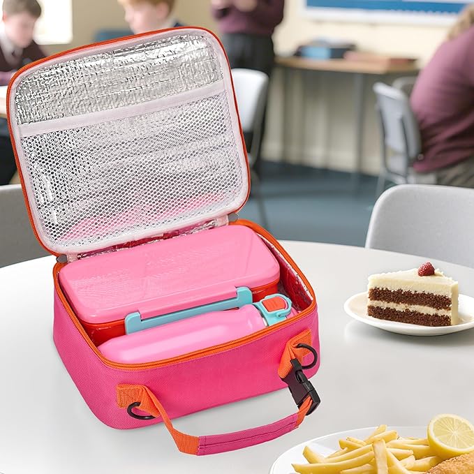 PIQUEBAR Kids Lunch Bento Box with 8oz Thermo Ice Pack Food Container with Insulated Lunch Bag, Insulated Water Bottle with Straw for Girls Boys, (A-Pink)