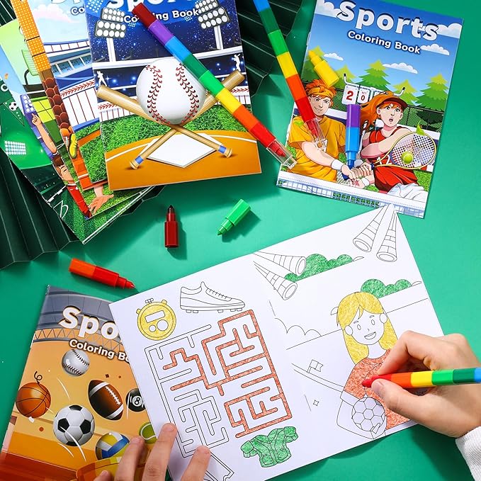 BenLouis 12 Sports Mini Coloring Books Kids with 12 Stacking Crayons Sports Themed Party Favors Small Activity Books Bulk for Kids Sports Birthday Party Gift Goodie Bag Stuffers