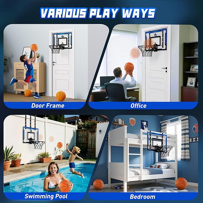 24" x 16" Indoor Large Basketball Hoop Toy - Upgraded Adjustable Height Basketball Hoop Over The Door with Scoreboard/2 Balls, Basketball Toys Christmas Birthday Gifts for Kids & Adults(Blue)