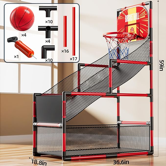Arcade Basketball Game Indoor, Kids Ajustable Basketball Hoop, Outdoor Carnival Sports Play Toy with 4 Balls and Air Pump, Educational Birthday Gift for Boys Girls 3 4 5 6 7 8 Year Old (Red)