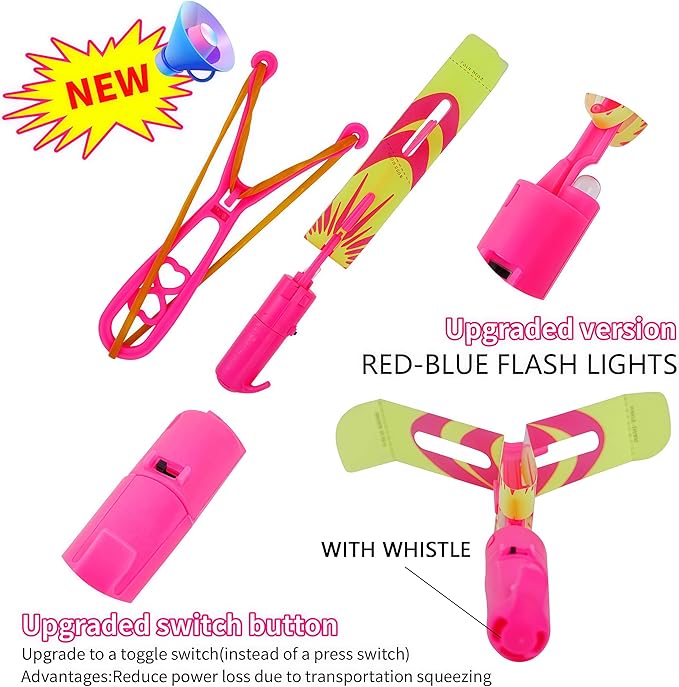 25 Packs LED Flying Toys Set with Whistle,25 Rocket Slingshot+25 Glow Arrow Helicopter for Summer Outdoor Camping Toys Game LED Slingshot Toy for Kids Glow in The Dark Party Supplies 8-12,4-8