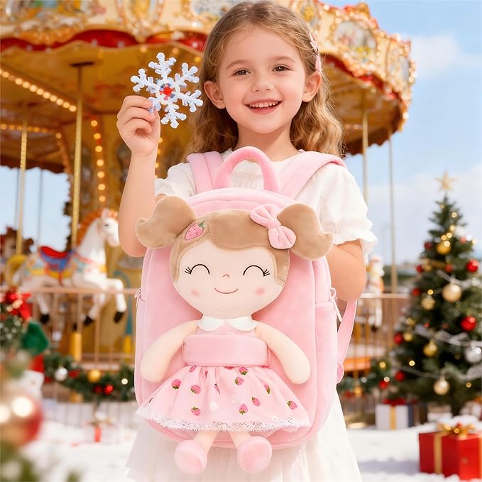 Gloveleya Kids Backpack for Girls backpacks Plush bag with Soft doll for Toddler baby Strawberry 9 Inches