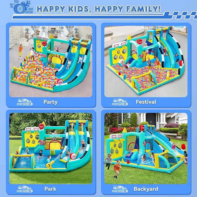 Bounce House Double Slides for Kids 3-10, Large Bounce Castle with Air Blower 550W, Pool, Jumping, Climbing, Balls, Ring Toss, Inflatable Water Park for Birthday Party Holiday Outdoor Indoor