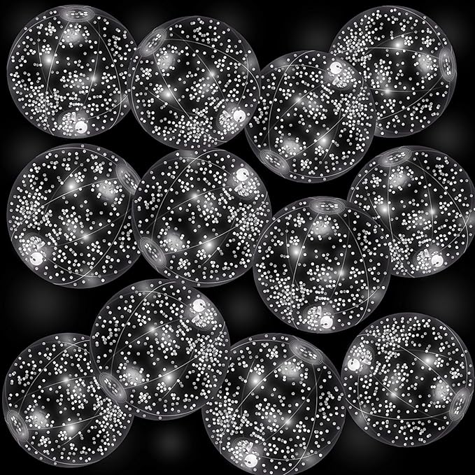 12 Pack 12 Inch Glow in the Dark LED Beach Ball Jumbo Confetti Glitters Inflatable Ball Swimming Pool for Party Pool Summer(Silver)