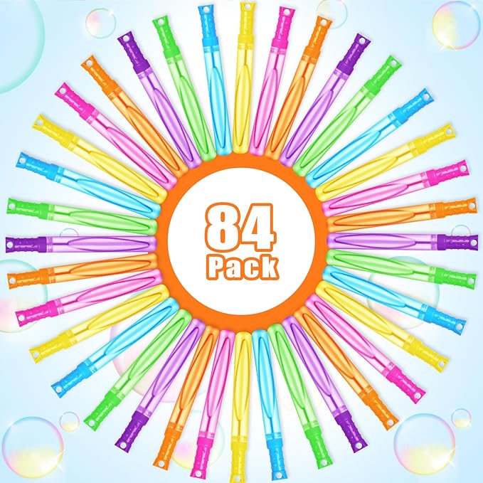 Bubble Wands, 84 Pcs Bubble Wands Bulk in 6 Colors，Bubble Party Favors for Kids, Summer Toys, Indoor Outdoor Activity, Themed Birthday, Wedding, for Girls & Boys