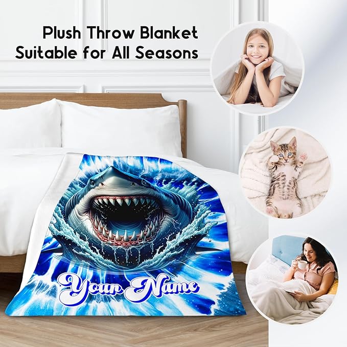 UNIKITTY Personalized Blanket for Kids, Shark Blanket for Boys, Custom Shark Gifts for Toddlers, Warm Fluffy Tie Dye Throw for Couch (4 Sizes)