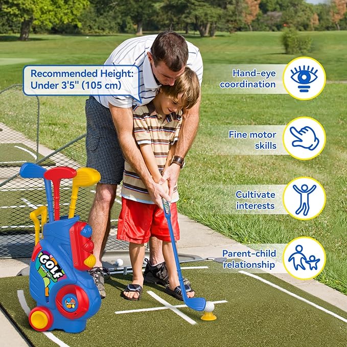 Liberry Toddler Golf Set with Putting Mat for 2 3 4 5 Years Old Boys Girls, Upgraded Kids Golf Cart with Unique Shoulder Strap Design, Indoor and Outdoor Golf Toys