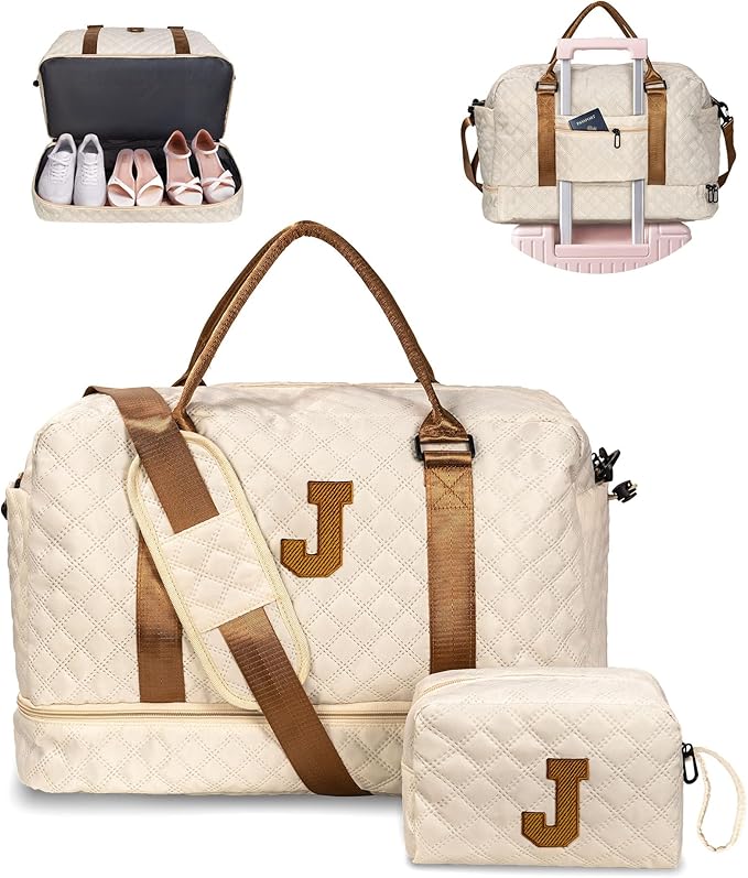 Initial Duffle Bag with Shoe Compartment, Personalized Weekender Bag, Monogram Overnight Bag for Women with Trolley Sleeve & Wet Pocket, Letter Travel Bag with Makeup Bag (Letter J), Beige