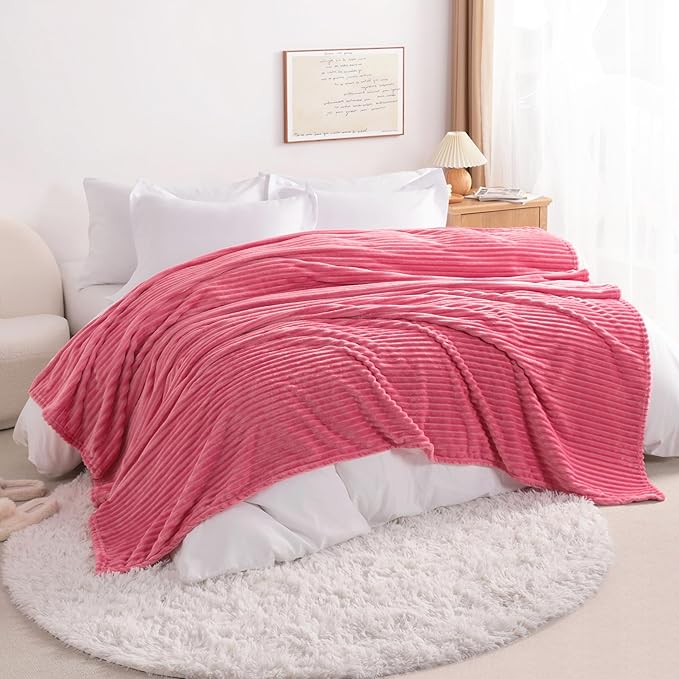 NTBAY Plush Flannel Twin Bed Blanket, 60x80 Inches Soft and Warm Lightweight Bed Blanket with Striped Texture for Couch, Sofa, All Seasons, Coral Pink