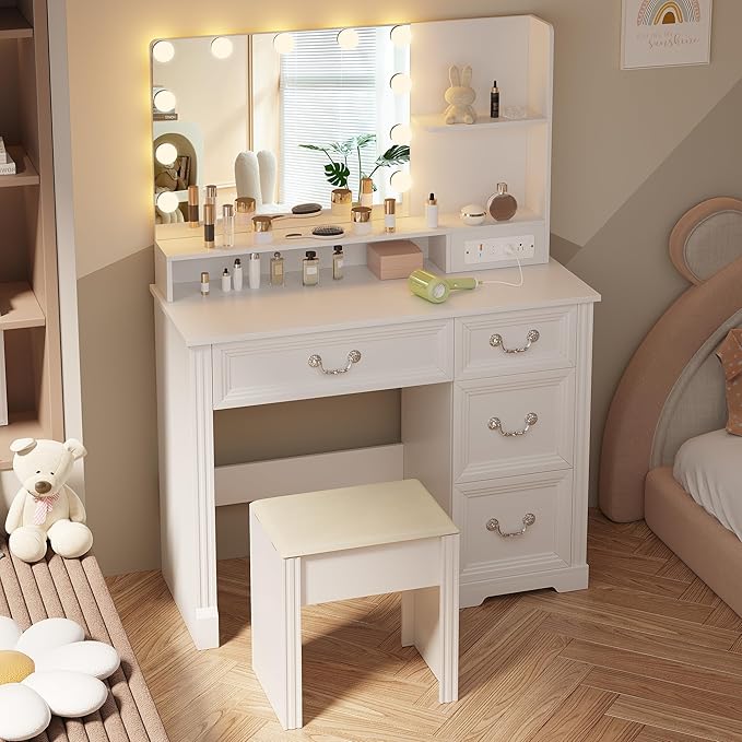 Vanity Desk with Mirror Light and Power Outlet, 39 inch Farmhouse Makeup Table Set with Stool, 3 Color Adjustable Lights Bedroom Dressing Table with 4 Drawer for Women Girls Teens, White
