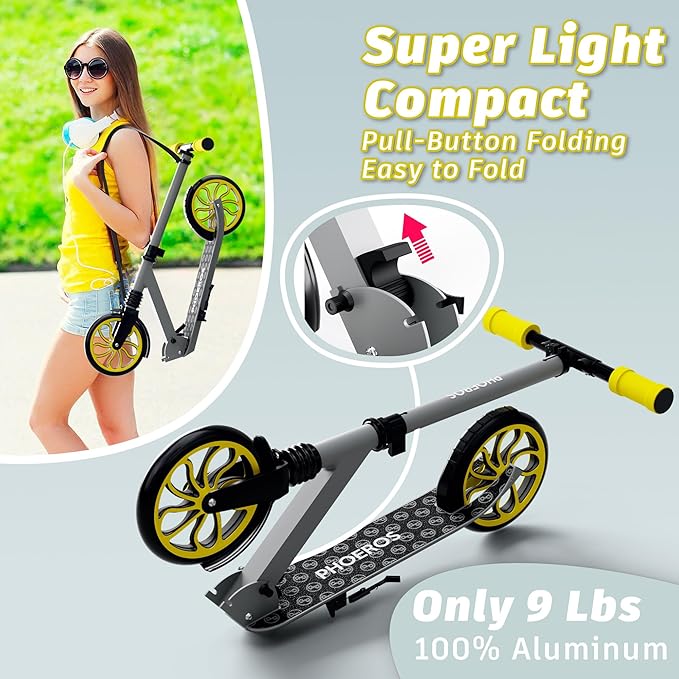 PHOEROS Kick Scooter for Kids Ages 6-12,Teens & Adults, Youth. Lightweight Aluminum Kick Scooter for Teens Adults Boys Girls with 8 inch Big Wheels, Foldable, 3 Height Adjustable, Shock Absorption.