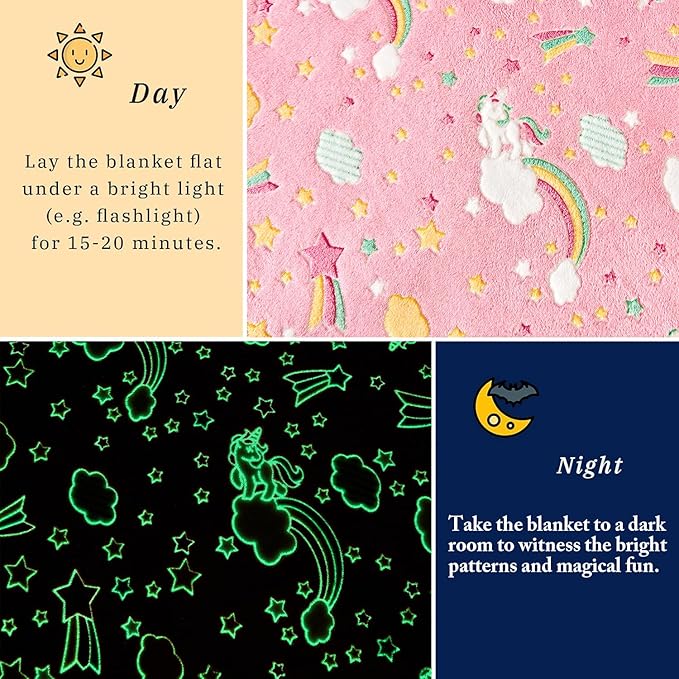 Wajade Rainbow Gifts Toys for Girls - Glow in The Dark Rainbow Blanket Birthday Christmas Decor for Kids Age 3 4 5 6 7 8 9 10 11 12 Years Old Teens Child Toddler Throw Pink 50"x60"