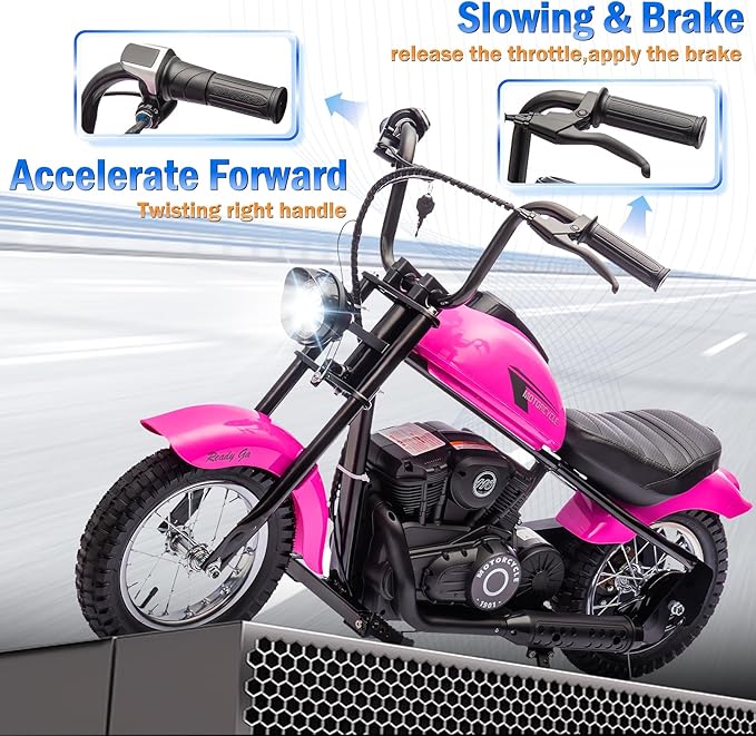 24V 9AH Electric Dirt Bike for Kids, 250W Strong Motor 13.6MPH Fast Speed Electric Retro Off-Road Motorcycle, Leather Seat Dirt Bike, LED Lights, Air-Filled Tires, Pink