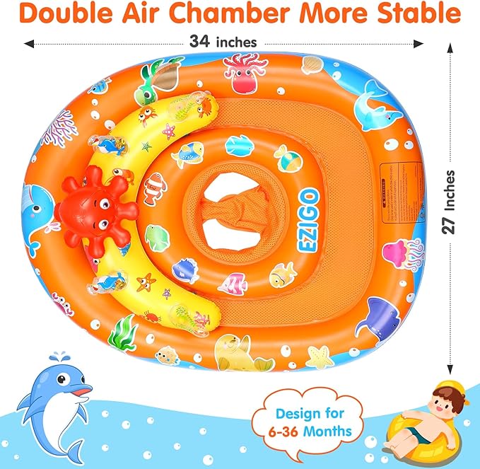 EZIGO Baby Pool Float with Canopy UPF 50+ Sun Protection, Double Air Chambers Infants Swimming Floats with Sound Toys Adjustable Safety Seat Toddler Float for Boys and Girls 6-36 Months