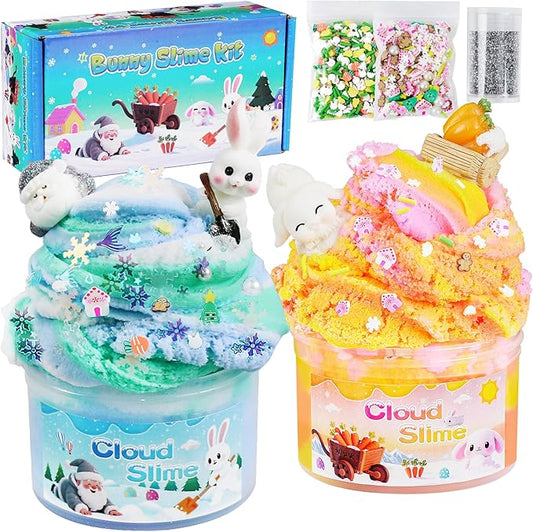 Bunny Cloud Slime Kit 2 Pack - 14oz Non Residue Christmas Slime Kit for Kids, Includes Winter Bunny & Santa Claus Charms, Slime Add-ins, Glitter, ASMR Sensory Toys Gifts for Birthday Holiday