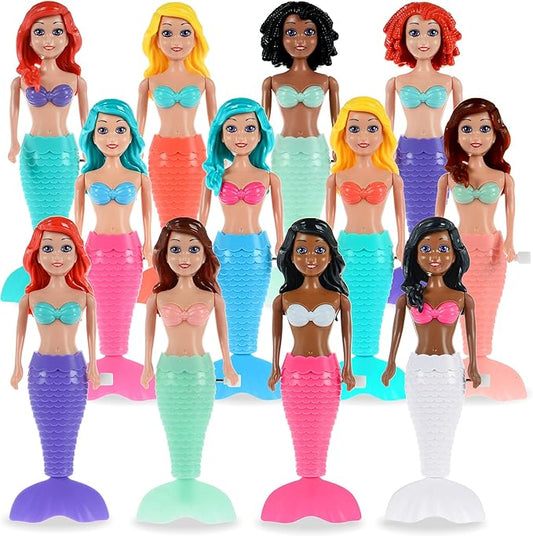 12-Pack Wind-Up Mermaid Bath Toys for Kids -Toddler Bath Toys for Kids Moving Tail Priness Doll Diverse Hair Colors & Styles Mermaids, Swimming Pool Party Favors