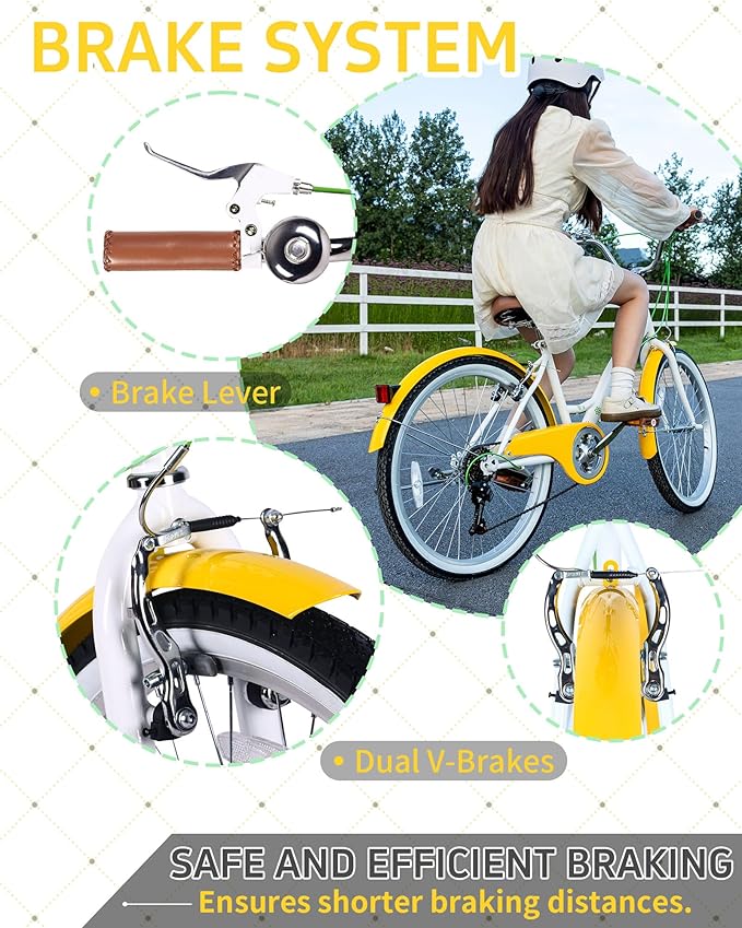 24 Inch 6-Speed Hybrid Beach Cruiser Bike for Girls Youth Ages Over 8 Years Old Kids Bicycle with Dual V-Brakes Adjustable Seat, Multiple Colors