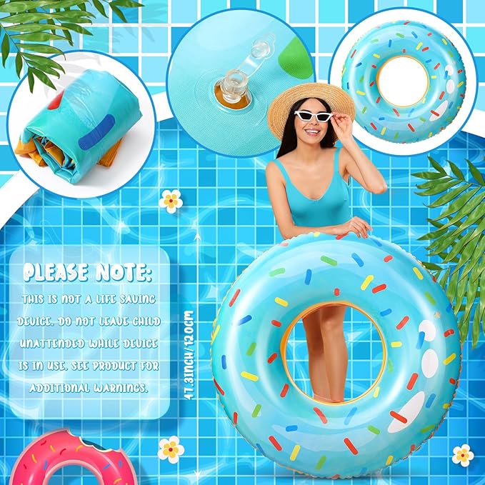 2 Pack 47.24 Inches Jumbo Donut Pool Floats for Adults Lovely Donut Inflatable Tube Swim Rings Floaties for Pool, Large Donut Inflatable for Party Decorations Supplies