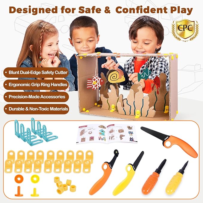 Cardboard Construction Kit - 401 PCS Kids Building Set with Safe Serrated Cutter, Crease Roller, Screws & Nuts, STEM Upcycled Tool for DIY Cardboard Projects, Engineering & Creativity