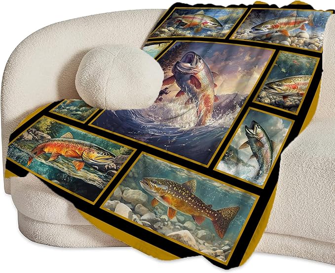 Fishing Throw Blanket Ultra Soft Cozy Rainbow Trout Fish Blanket Fleece Fuzzy Plush Fishing Lovers Decor Gifts for Women Girls Adults Couch Sofa 50"x40"