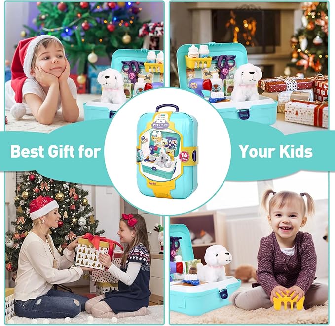 Pet Care Play Set for Kids, 16Pcs Doctor Kit Pretend Play Vet Puppy Dog Grooming & Feeding Toys with Backpack, Educational Toys for Girls and Boys 3-7 Years Old