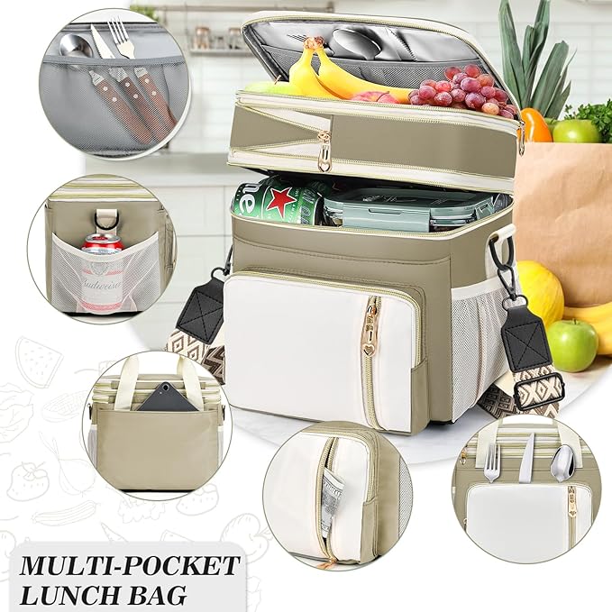 LOKASS Lunch Box for Women/Men-16L-Insulated Lunch Bag, Expandable Double-layer Leakproof Cooler Bag with Upgrade Adjustable Shoulder Strap Ideal for Work/Travel/Picnics（Beige&White）