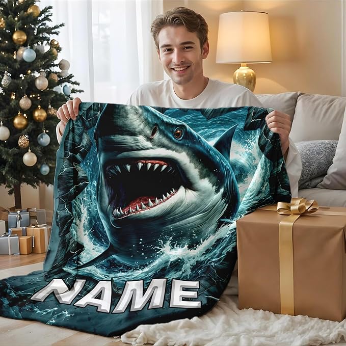 Shark Blanket for Boys Personalized Kids Throw Blankets Gifts for Teens Shark Lovers - Soft Lightweight Cozy Custom Stuff Throw 4 Sizes for Sofa Chair Bed Office Home Decor All Seasons