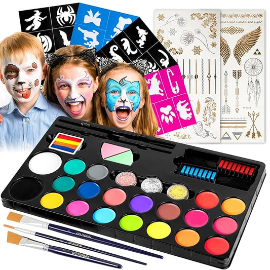 GOTIDEAL Face Painting Kit for Kids-20 Colors Water Activated Skin Face Paint Palette with Brushes,Stencils,Stickers,Glitter|Professional Facepaint Makeup kit for Halloween,Cosplay,Parties