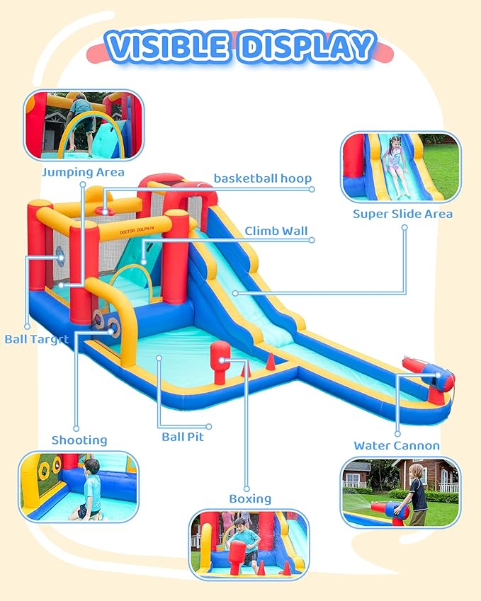 Doctor Dolphin Inflatable Bounce House with Air Blower, Bouncy Castle for Toddlers, Kids Jumping and Slide Castle for Indoor & Outdoor