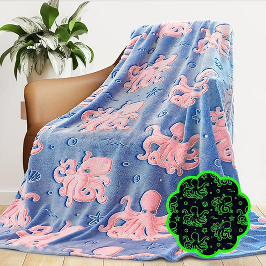 Glow in The Dark Octopus Blanket for Kids - Soft Fleece Ocean Animal Throw Blanket Sea Creature Octopus Gifts Toys for Boys & Girls 3-12 Years Old 50x60inch