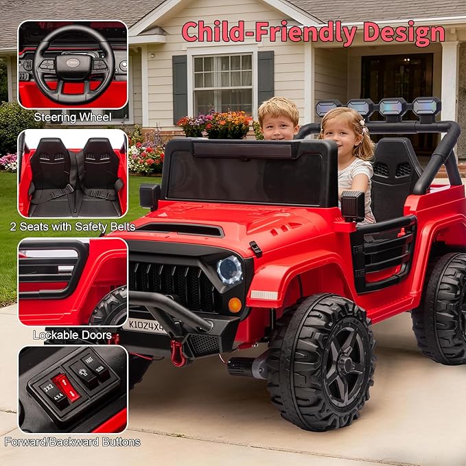 2 Seater Ride on Car Toy for Kids, 24V 4x4 Ride-on Truck, w/Parent Control, Soft Start, 3 Speed, 4-Wheeler Suspension, Bluetooth, LED Lights, Electric Car for Kids Toddler Ages 3-8, Red