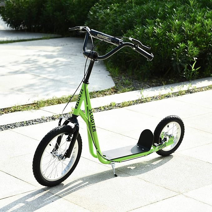 Aosom Youth Scooter, Teens Kick Scooter, Adjustable Handlebar Ride On Toy for 5+ with 16" Front and 12" Rear Dual Brakes Inflatable Wheels