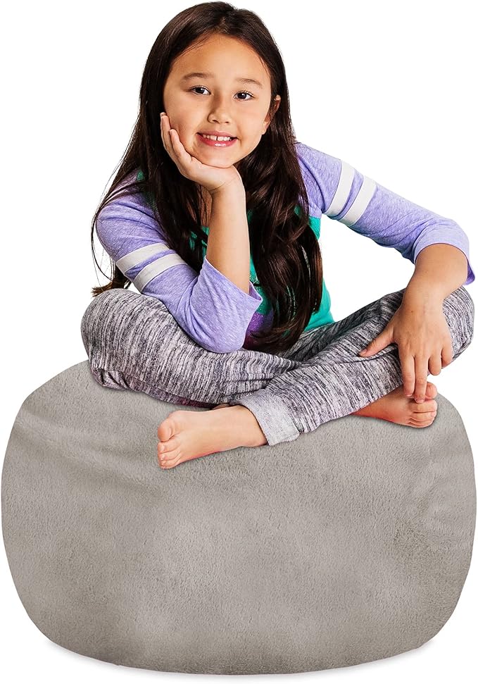 Posh Creations Stuffable Kids Stuffed Animal Storage Bean Bag Chair Cover - Childrens Toy Organizer, Medium 27" - Soft Faux Rabbit Fur Gray