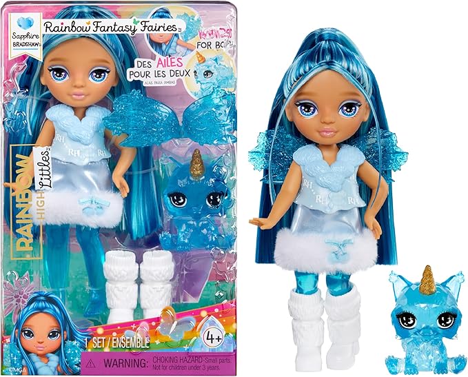 Rainbow High Littles Rainbow Fantasy Fairies + Pet – Sapphire, Blue 5.5" Posable Small Doll & Fantasy Dog Pet with Interchangeable Fairy Wings, Kids Gift 4+