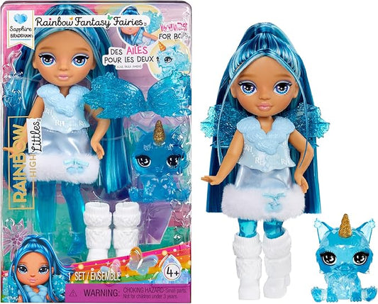 Rainbow High Littles Rainbow Fantasy Fairies + Pet – Sapphire, Blue 5.5" Posable Small Doll & Fantasy Dog Pet with Interchangeable Fairy Wings, Kids Gift 4+