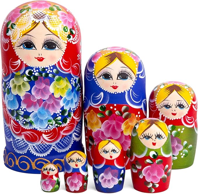 AMOR PRESENT Russian Nesting Dolls, 7PCS Wood Nesting Dolls Matryoshka Stacking Nested Set for Christmas Children Kids Birthday Gift
