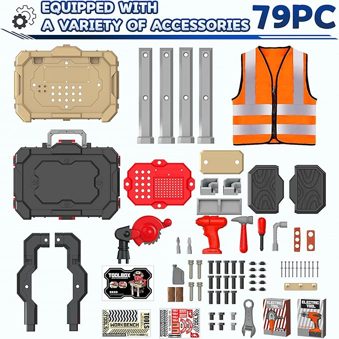 Toddler Tool Bench Set, 79pcs Pretend Construction Toy Set with Drill for Kids Workbench Playset, Tool Bench for Kids Ages 3-5 Years Old, Storage Box for Boys, Perfect Birthday (Red)
