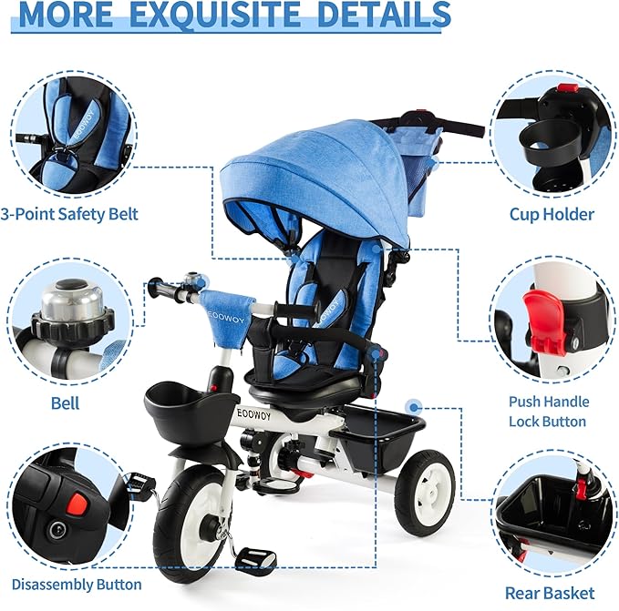 Baby Trike, 6-in-1 Kids Tricycle with Adjustable Push Handle, Removable Canopy, Safety Harness for 18 Months - 5 Year Old(Blue)