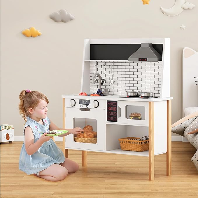 DlandHome Kids Kitchen Playset, Pretend Kitchen Playset with Real Lights & Sounds, Chef Pretend Play Set with Sink Oven Microwave, Ideal Role Play Toy Gift for Toddlers and Kids Ages 3+, White