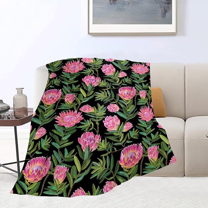 Protea Flower Blanket Ultra Soft Cozy Plush Farmhouse Floral Throw Blanket Wildflower Lovers Gifts for Girls Women Kids Adults Lightweight Flannel Comfy Blankets for Couch Sofa Bed 60"x50"